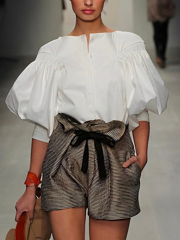 Solid Color Blouses & Shirts with Puff Sleeves and Button Detail