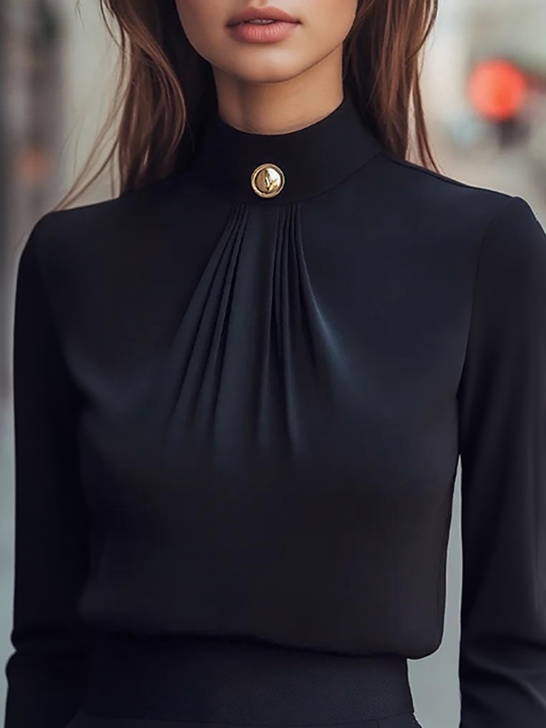 Long Sleeve Button-Up Pleated Solid Color Mock Neck Blouses & Shirts