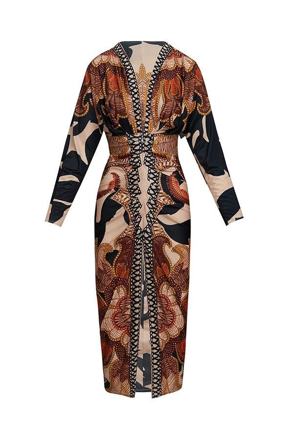Distinctive Print Long Sleeve Ruched Midi Dress with Slit