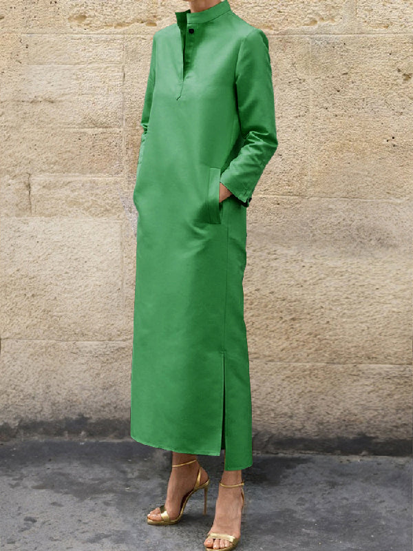 Loose-Fit Midi Dress with Long Sleeves, Solid Color, and Split-Side Hem