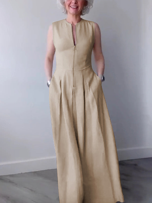 Maxi Dress with A-Line Loose Fit, Pleats, Pockets, Split Joint, and Zipper - Round Neck Design