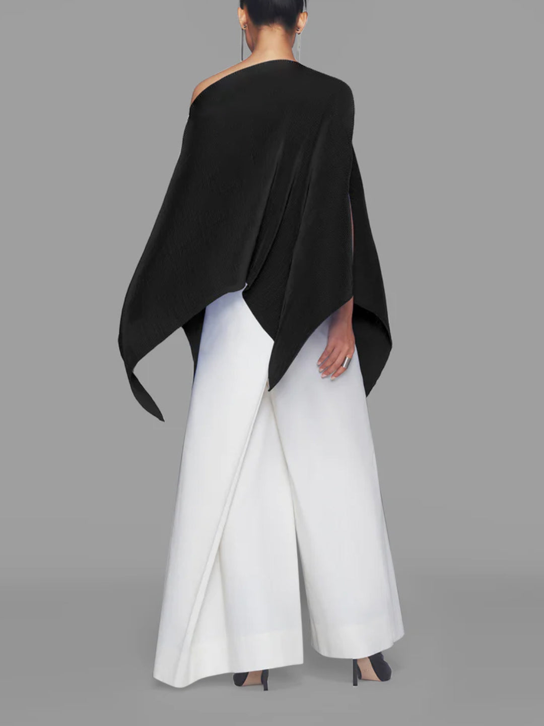 One-Shoulder Blouse with Batwing Sleeves - Loose Fit, Asymmetric Solid Color Top