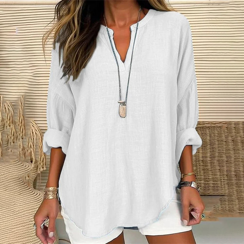Casual Loose-Fit Long Sleeve V-Neck Blouse in Solid Colors