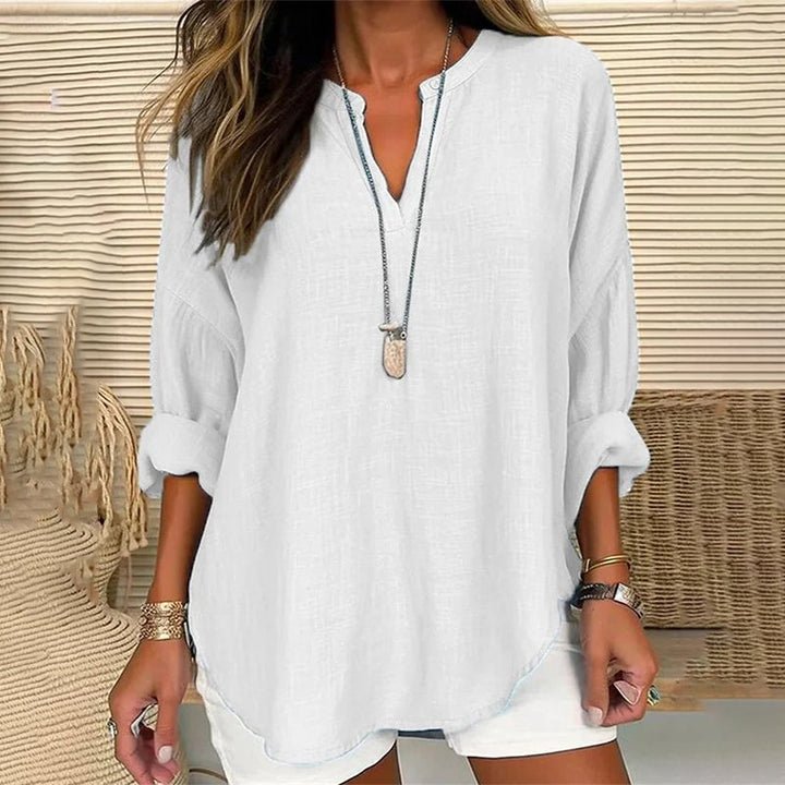 Casual Loose-Fit Long Sleeve V-Neck Blouse in Solid Colors