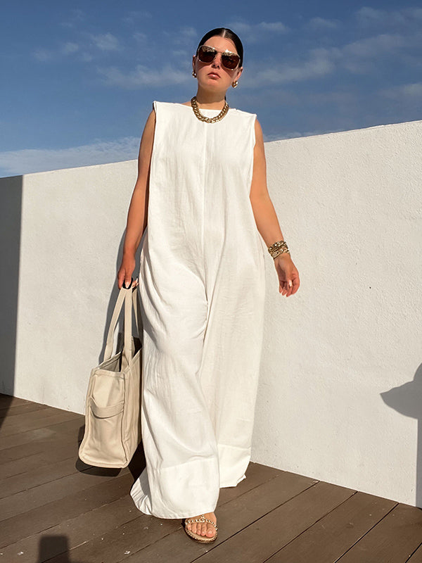 Sleeveless Wide-Leg Jumpsuit with Shoulder Pads in Solid Colors