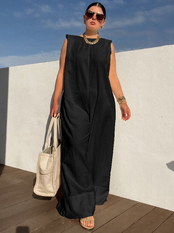 Sleeveless Wide-Leg Jumpsuit with Shoulder Pads in Solid Colors