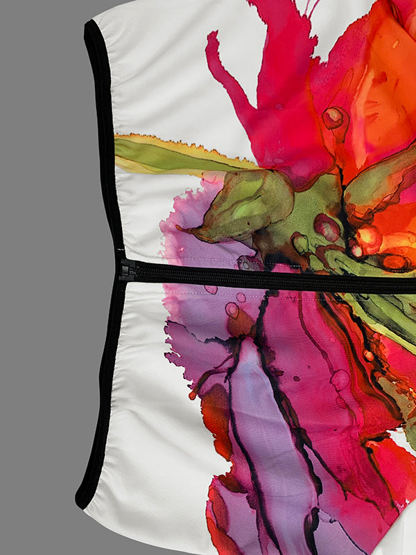 Asymmetric Floral Print High Neck Outerwear with Loose Puff Sleeves