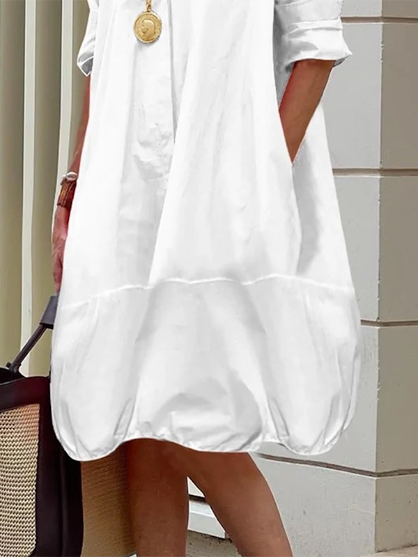 Loose-Fit Midi Shirt Dress with Long Sleeves and Lapel Collar in Solid Colors