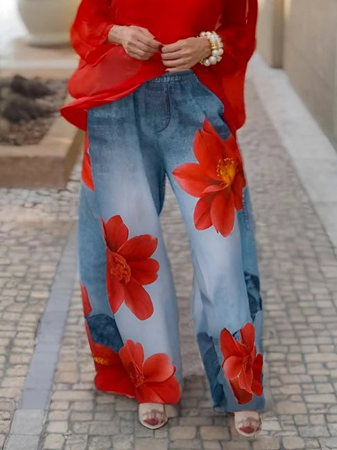 Flowy Wide-Leg Floral Print Jeans