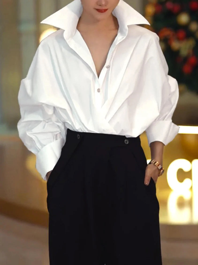 Solid Color Lapel Blouse with Buttoned Batwing Long Sleeves