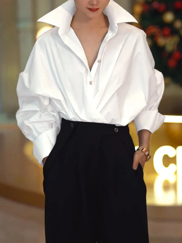 Solid Color Lapel Blouse with Buttoned Batwing Long Sleeves