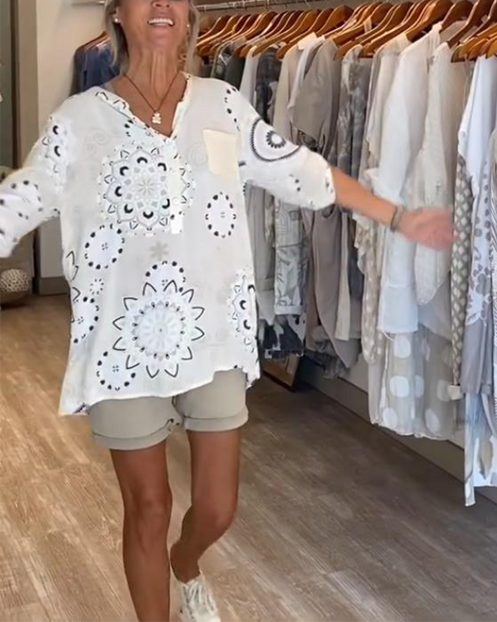 Versatile V-Neck Printed Blouse with Half Sleeves