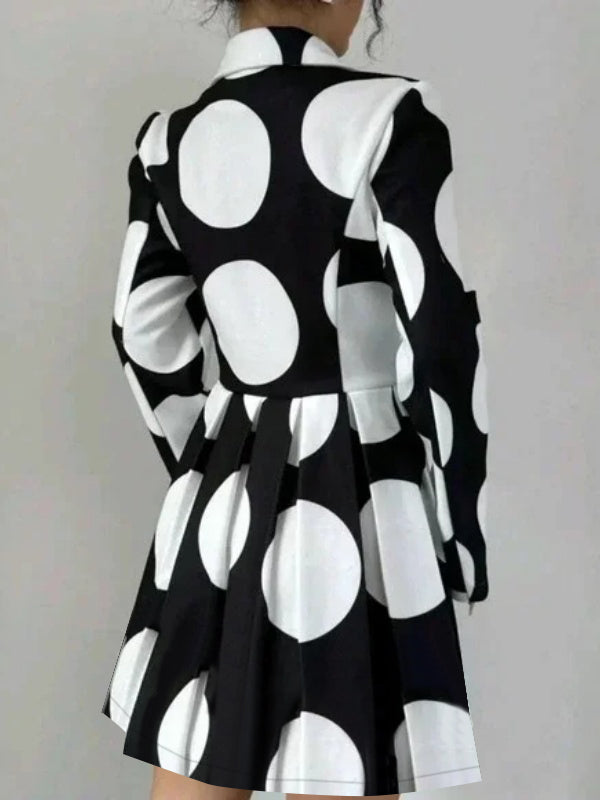 Polka Dot A-Line Mini Dress with High Waist, Button Details, and Contrast Color Pleats