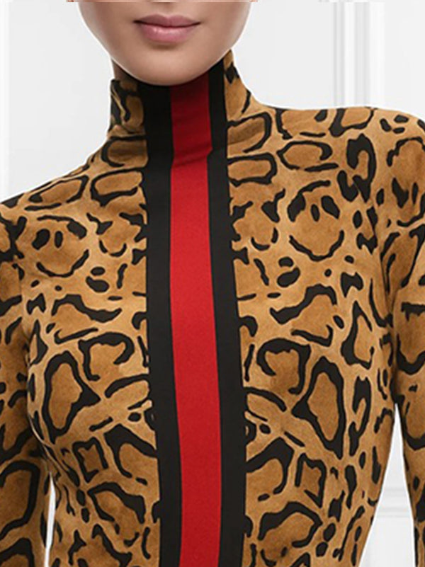 High Neck Leopard Print Long Sleeve Top with Contrast Color