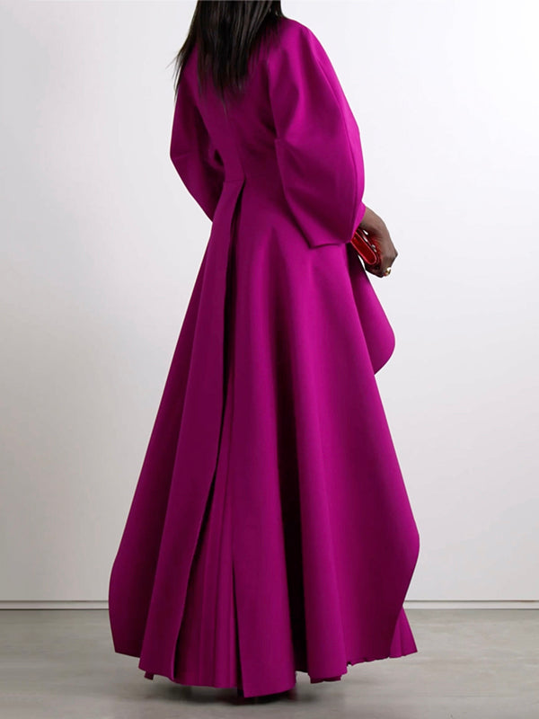 Tiered Maxi Dress with Long Sleeves, Pleated Design, Solid Color, and Round Neck