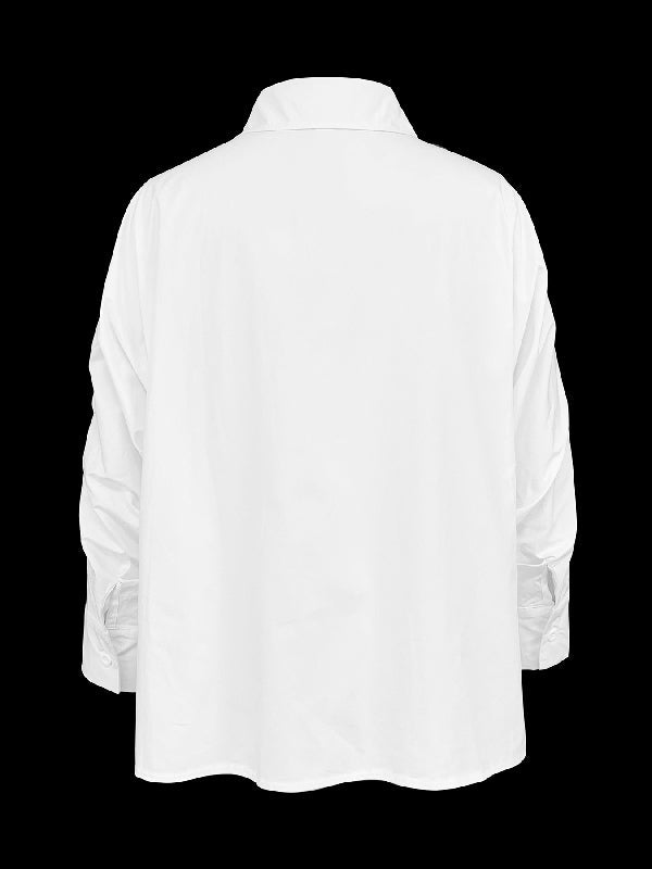 Solid Color Lapel Blouse with Buttoned Batwing Long Sleeves