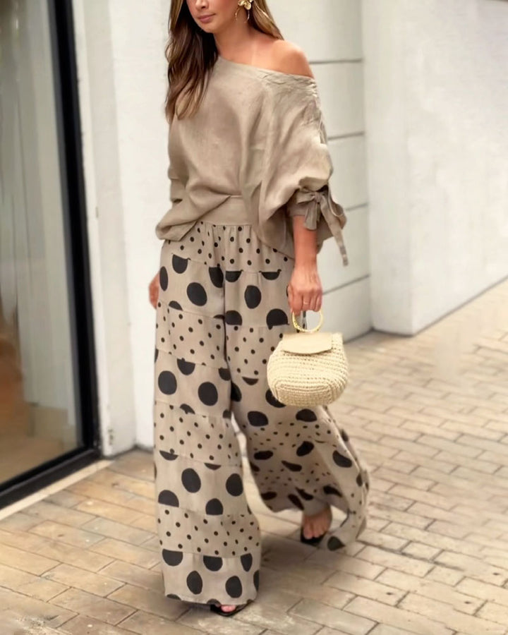 Relaxed Shoulder Top and Patterned Pants Two-Piece Outfit