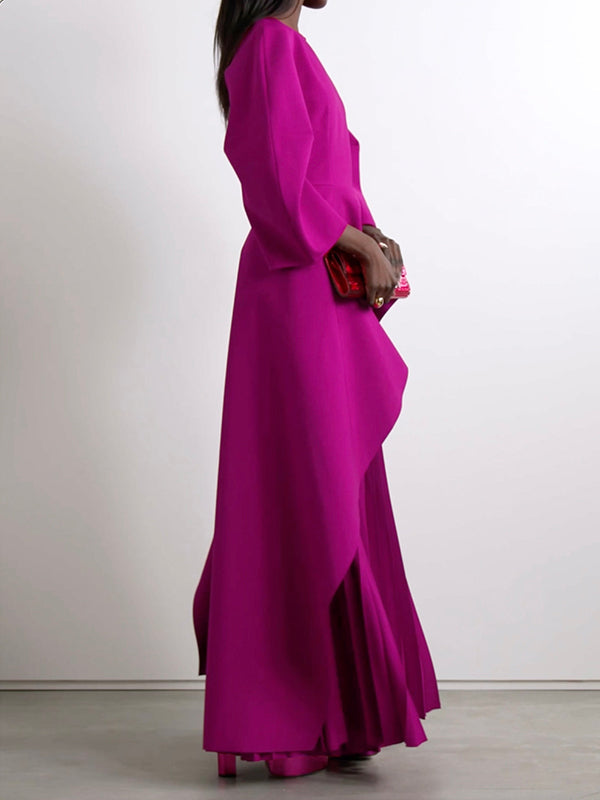 Tiered Maxi Dress with Long Sleeves, Pleated Design, Solid Color, and Round Neck