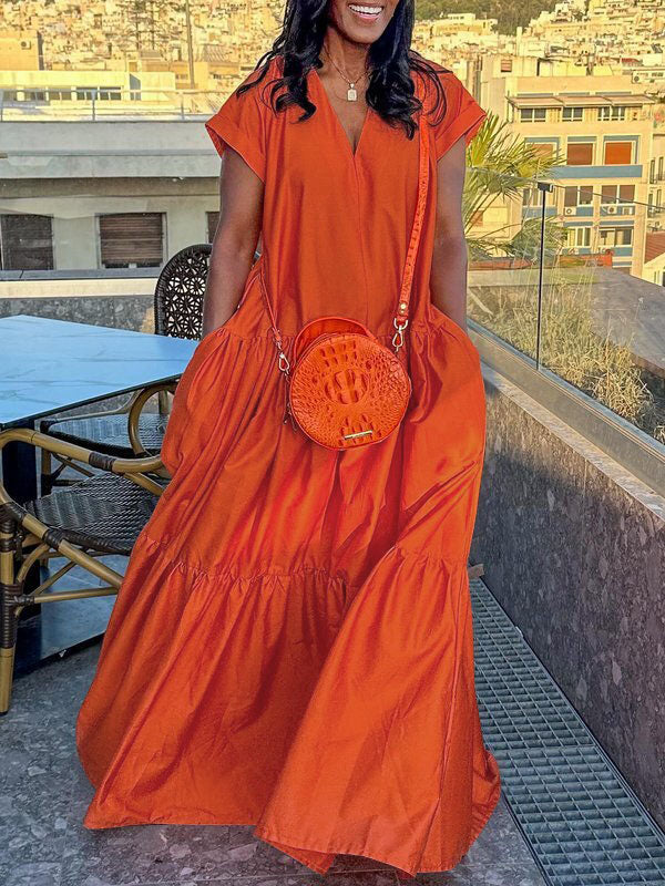 V-Neck Maxi Dress with Pleated Pockets and Loose Short Sleeves in Solid Colors