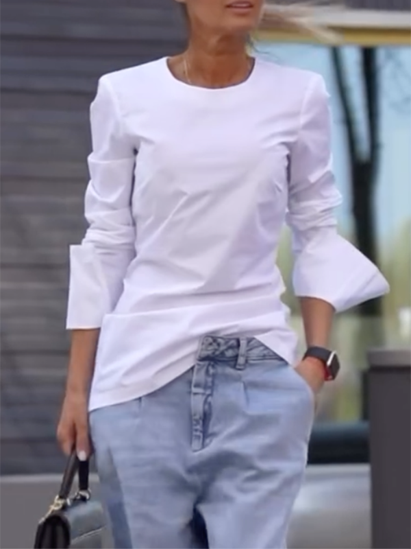 Relaxed Fit Long Sleeve Solid Color Round Neck T-Shirts