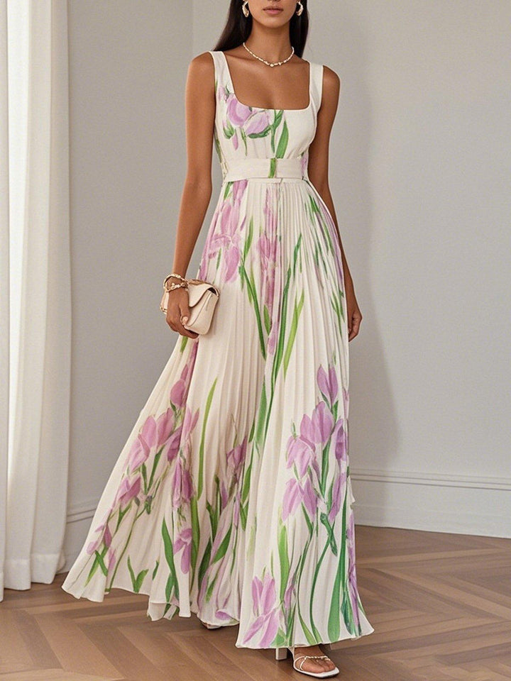 Floral Chiffon A-Line Maxi Dress with White Pleats and Square Neckline