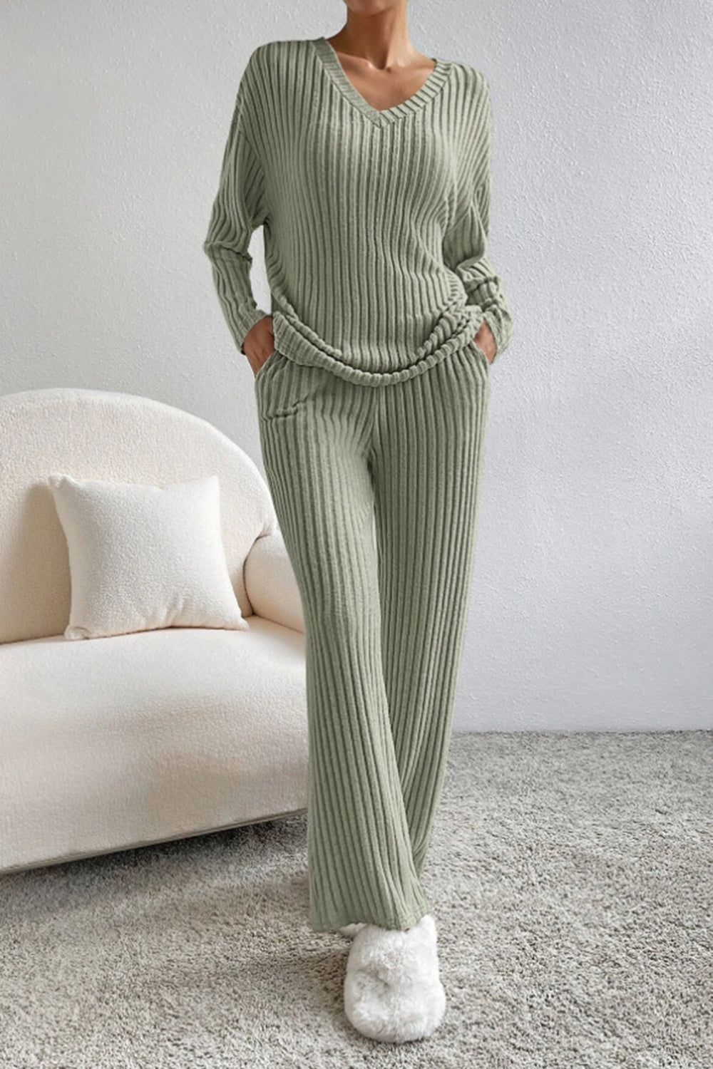 Ribbed V-Neck Top with Matching Pants Set