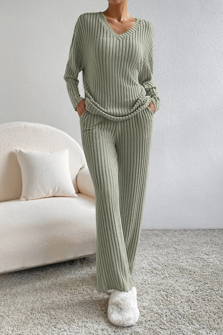 Ribbed V-Neck Top with Matching Pants Set