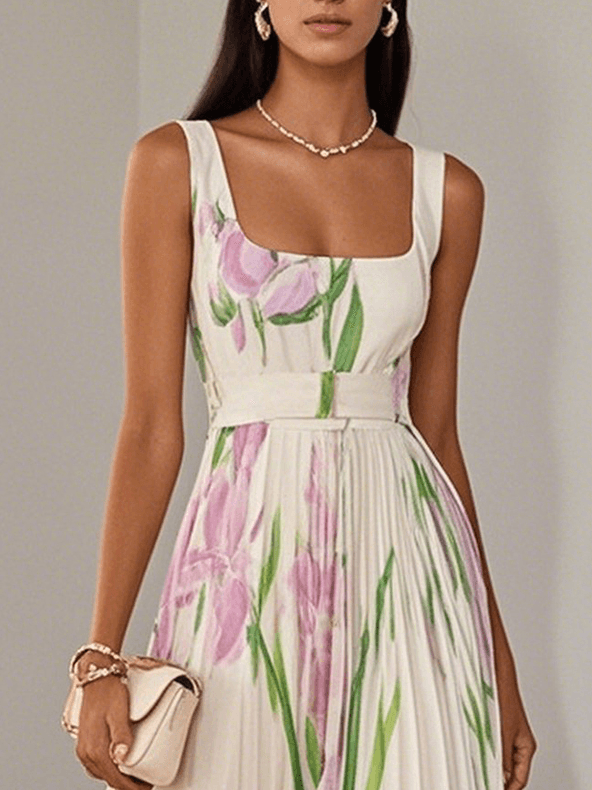 Floral Chiffon A-Line Maxi Dress with White Pleats and Square Neckline