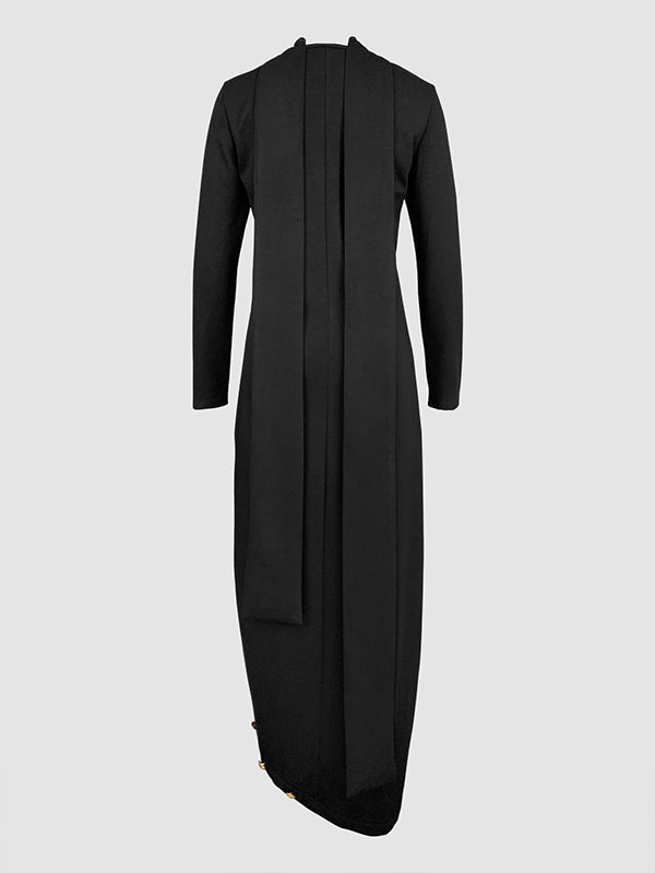 Long Sleeve Loose-Fit Asymmetric Button-Up Mock Neck Maxi Dress with Side Split
