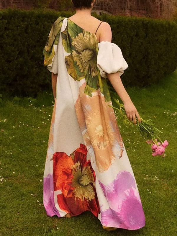 One-Shoulder A-Line Maxi Dress with Loose Fit and Floral Print