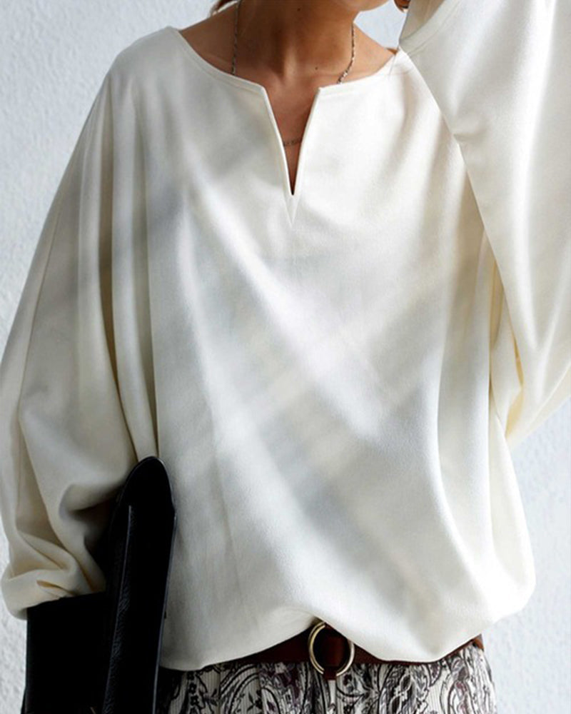 Relaxed V-Neck Solid Color Blouse