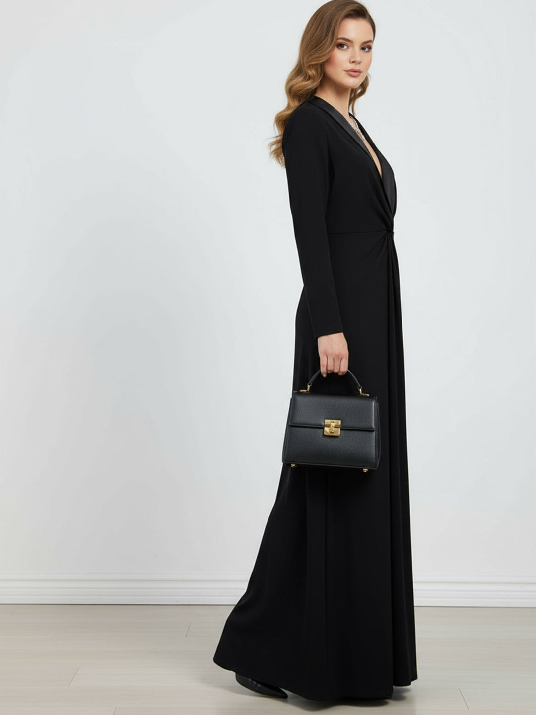 Long Sleeve Solid Color Deep V-Neck Maxi Dress