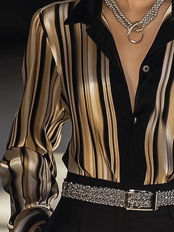 Striped Lapel Blouse & Shirt with Long Buttoned Sleeves