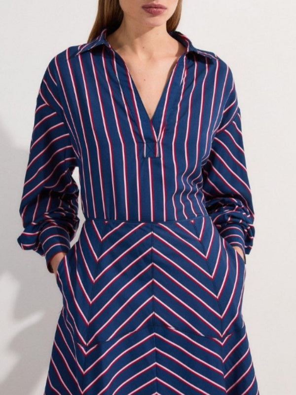 Loose Fit Striped Lapel Blouses and Long Sleeve Tops