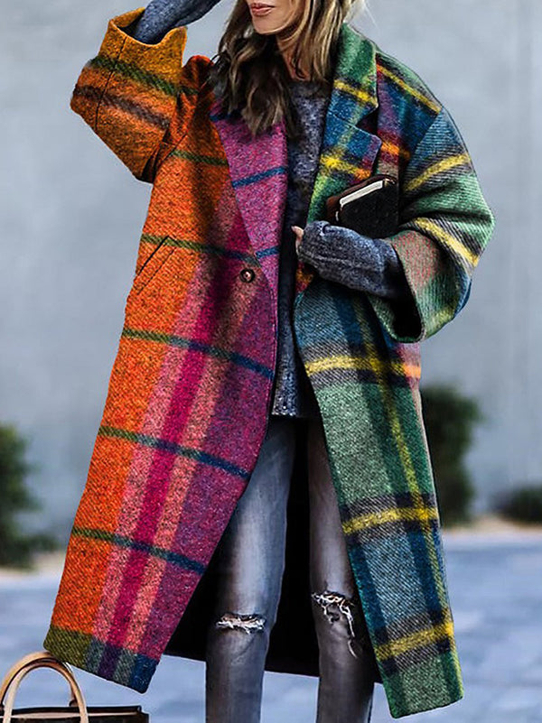 Plaid Woolen Coat with Long Sleeves and Contrast Color Split-Joint Lapel
