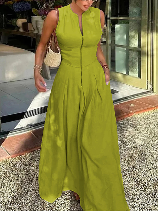 Maxi Dress with A-Line Loose Fit, Pleats, Pockets, Split Joint, and Zipper - Round Neck Design