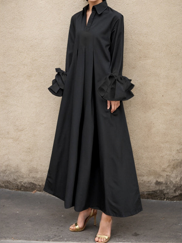 Maxi Shirt Dress with Flared Sleeves, Pleated Design, and Split-Joint Lapel