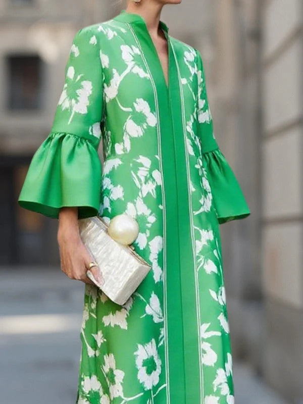 Floral Print Maxi Dress with Bell Sleeves and Side Slits