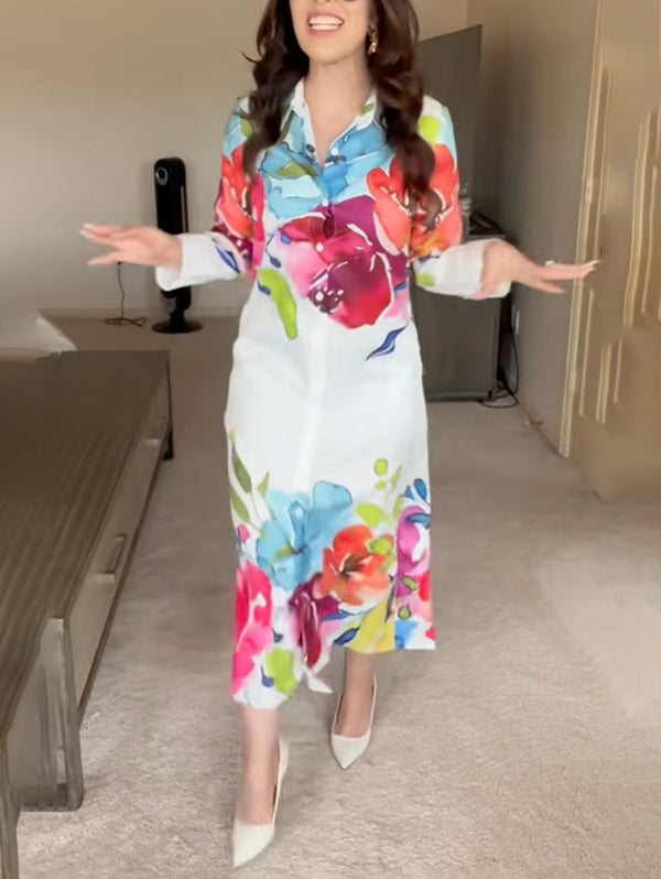 Floral Print Maxi Shirt Dress with Long Sleeves and Button Closure