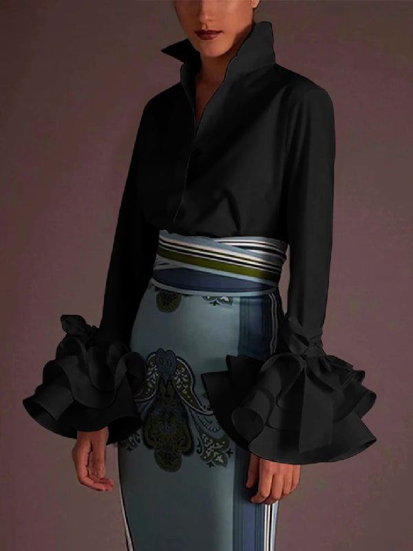 Solid Color Lapel Blouse with Flared Sleeves and Bow Detail