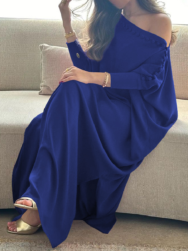 Solid Color Maxi Dresses with Loose Fit and Button Detail