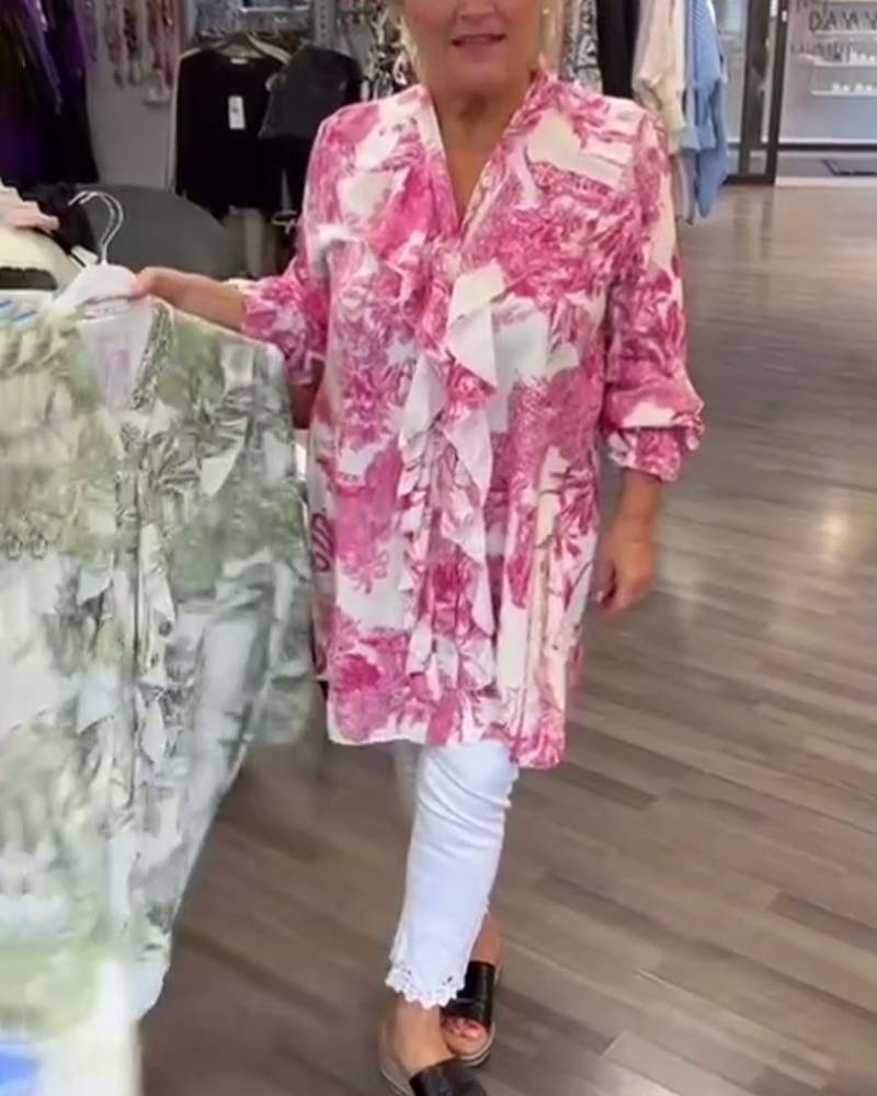 חולצה רגועה עם קפלים מודפסים עדינים