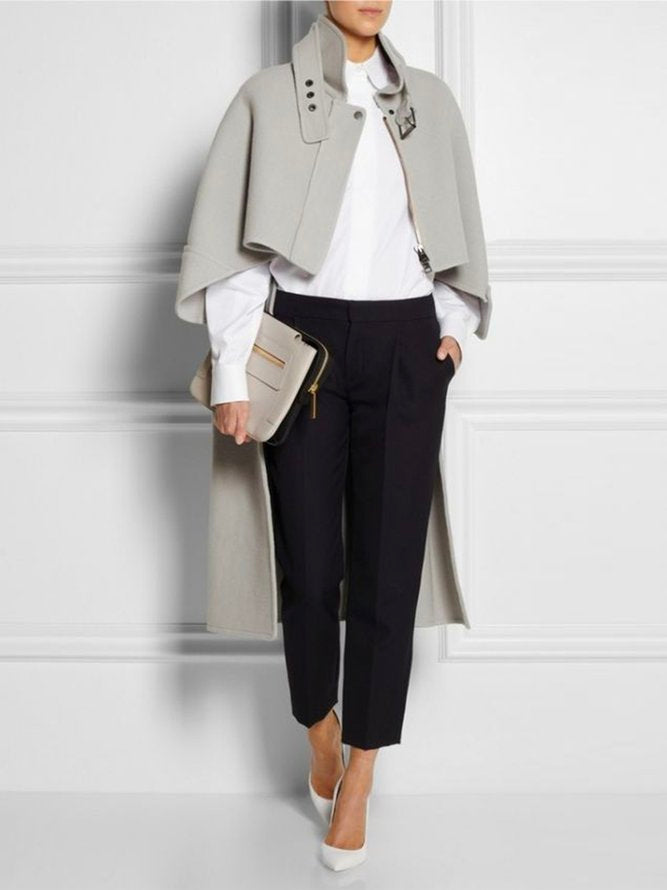 Relaxed Fit High-Low Solid Color Cape Jacket with Stand Collar