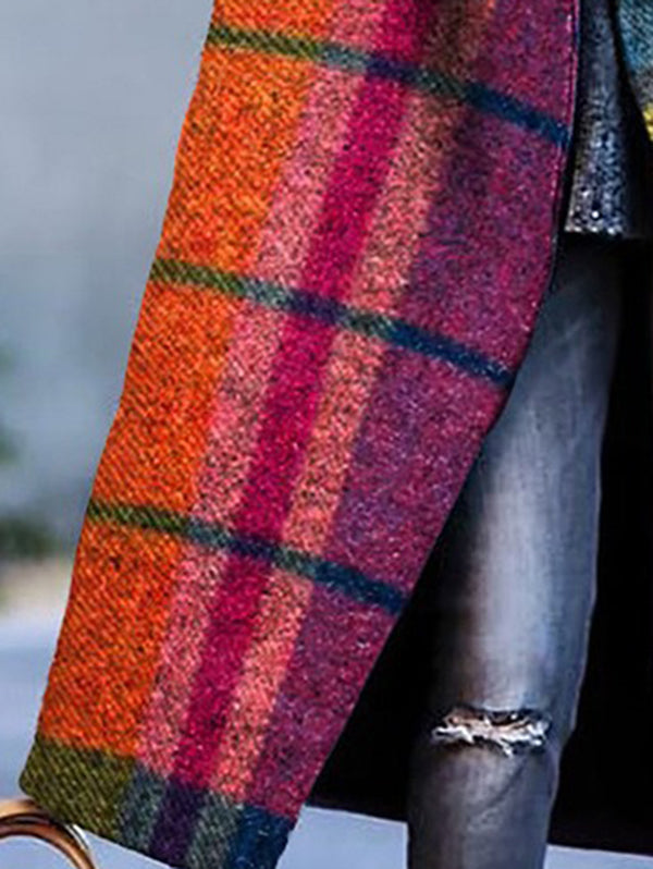 Plaid Woolen Coat with Long Sleeves and Contrast Color Split-Joint Lapel