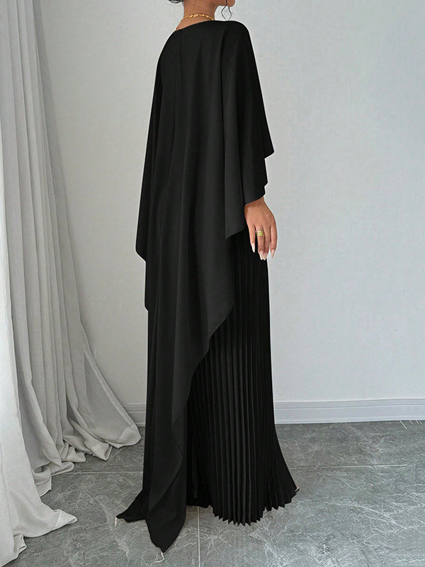 Maxi Evening Dress with Cape, High-Low Pleated Design, Solid Color, and Round Neck