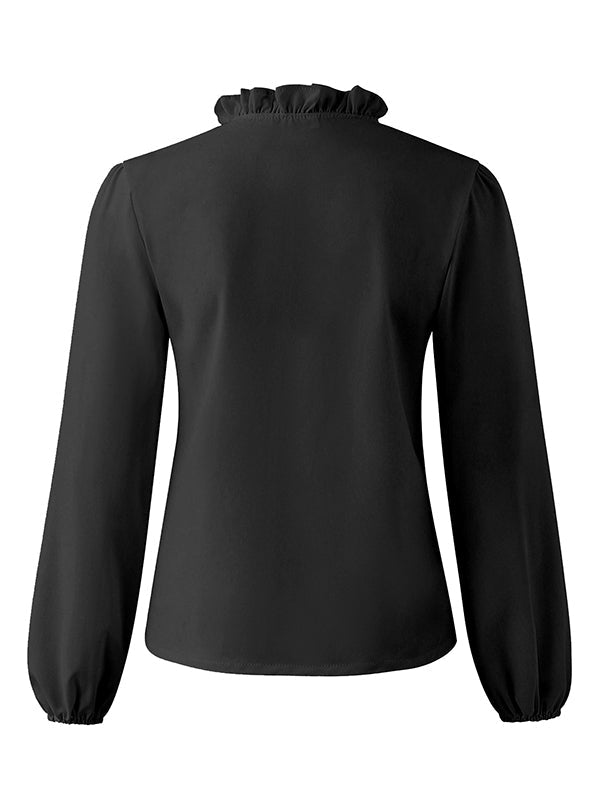 V-Neck Blouses with Puff Sleeves and Ruffled Hem in Solid Colors