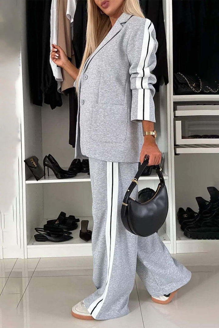 Two-Piece Set: Contrast Lapel Collar Top with Matching Pants
