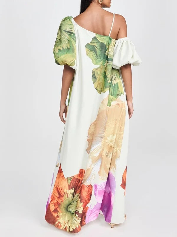 One-Shoulder A-Line Maxi Dress with Loose Fit and Floral Print