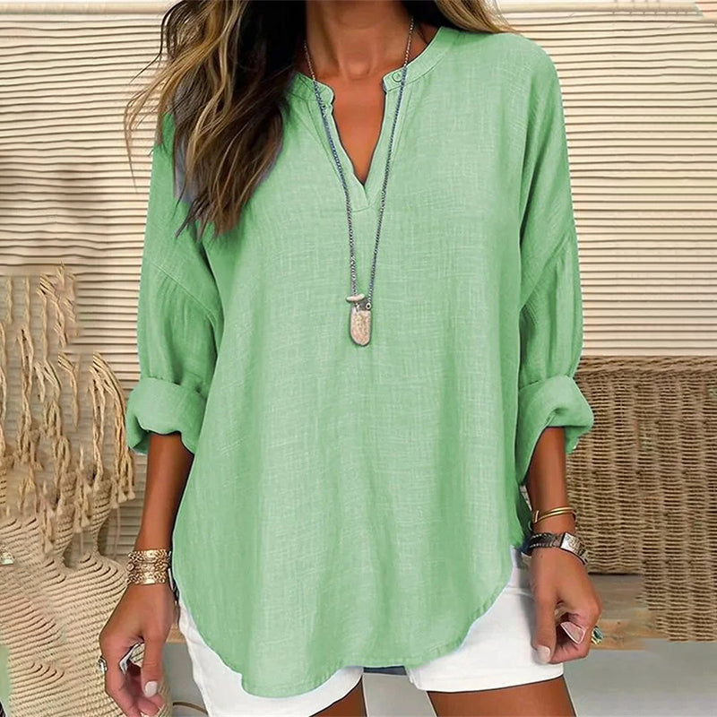 Casual Loose-Fit Long Sleeve V-Neck Blouse in Solid Colors