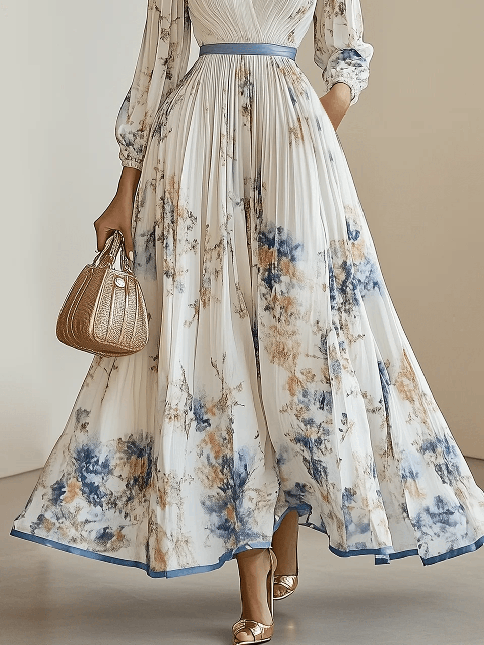 New Spring White Floral Chiffon Maxi Dress with V-Neck and Long Balloon Sleeves
